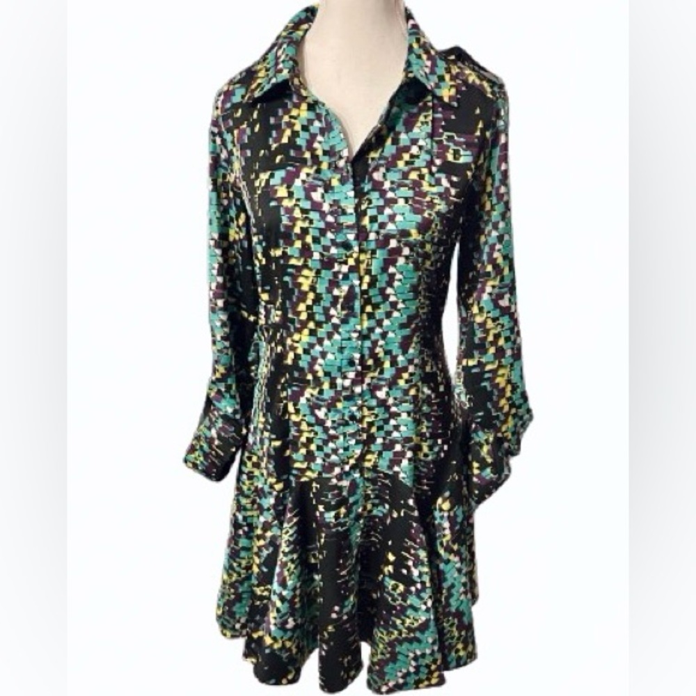 Vintage Bebe Medium Aqua Purple Geometric Patterned  Dress Shirt Aline Medium